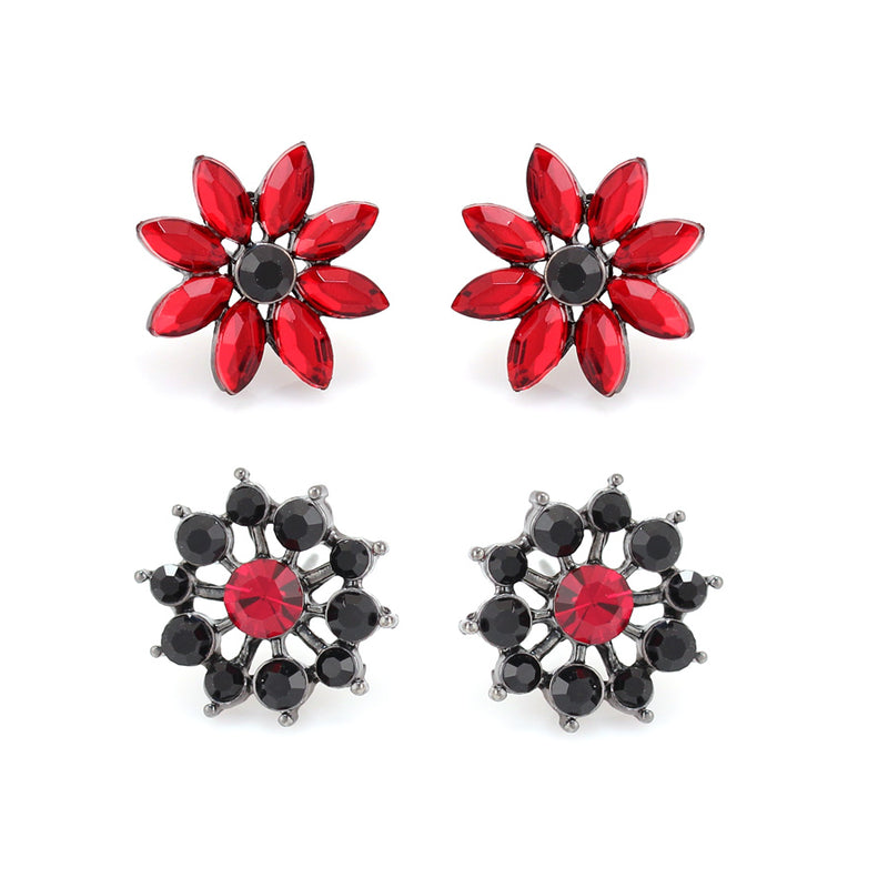 Hematite -Tone Metal Black And Red Crystal Set Of 2 Stud Earrings