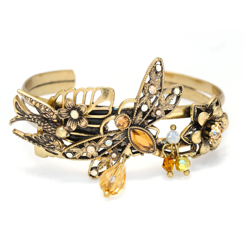 Gold-Tone Metal Bird Bee And Flower Design Crystal Bracelets