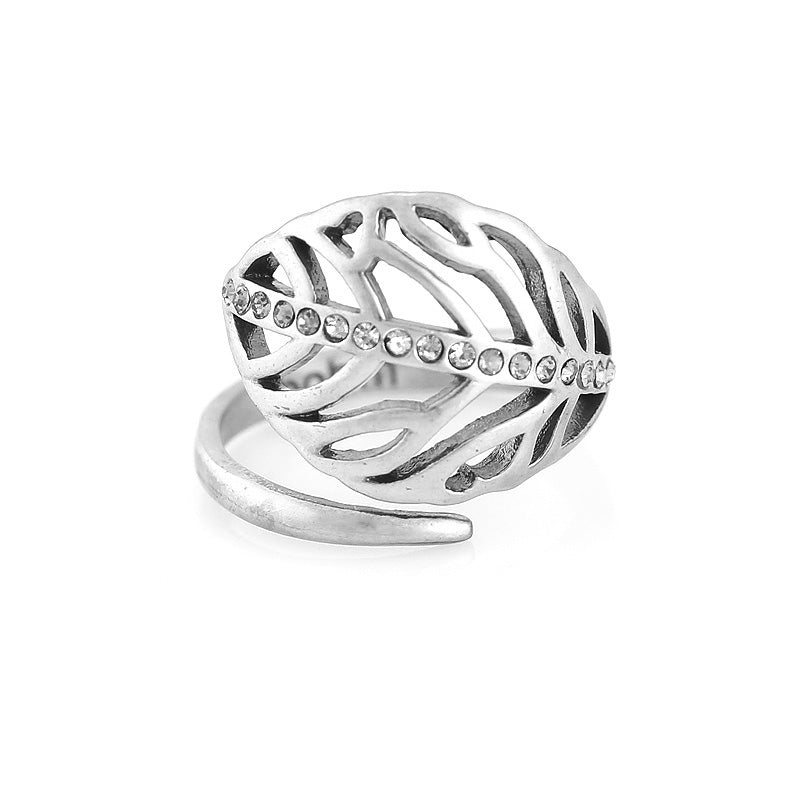 Silver-Tone Metal Leaf Crystal Adjustable Ring