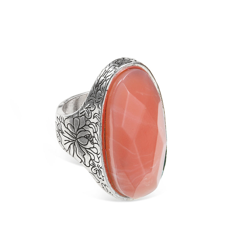 Silver-Tone Metal Flower Engraving Peach Faceted Oval Stone Rings