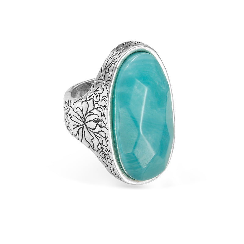 Silver-Tone Metal Flower Carving Turquoise Ring