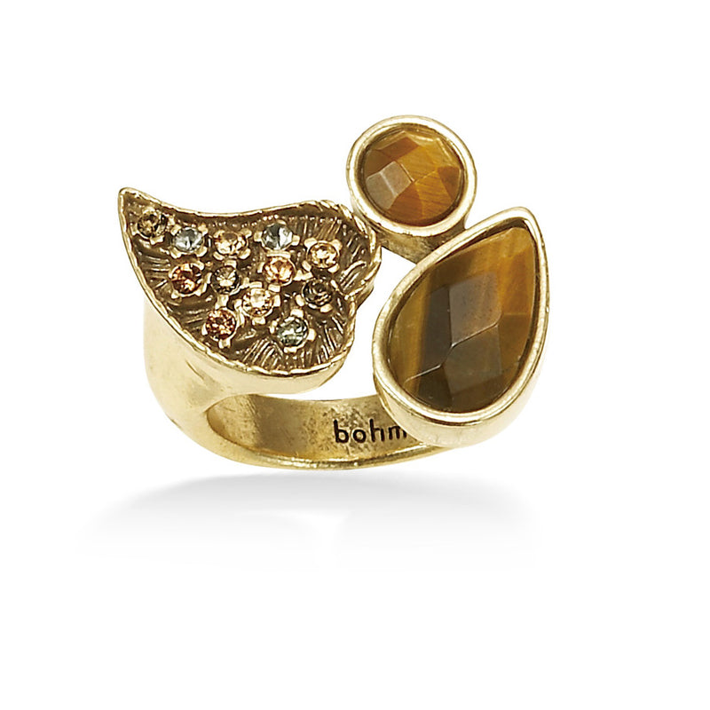 Gold-Tone Metal Tiger Eye Stone And Gold Crystal Ring