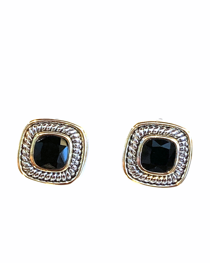 TWO TONE JET CRYSTAL SQUARE EARRINGS SET