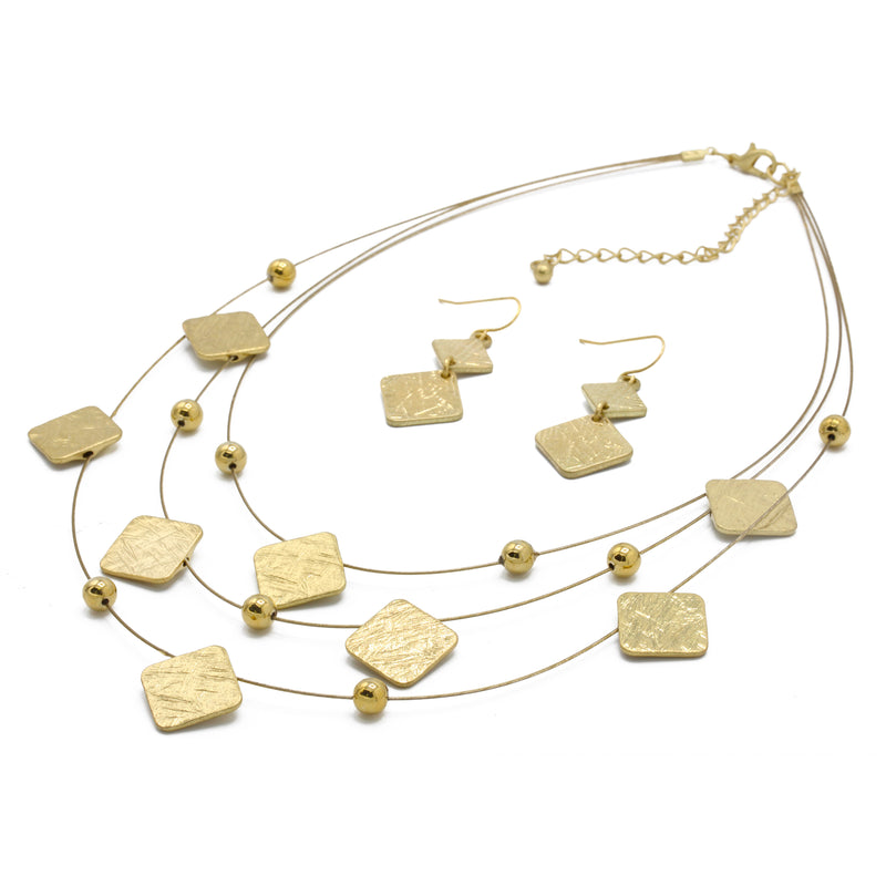 GOLD SQUARE EARRINGS AND LAYERED NECKLACE