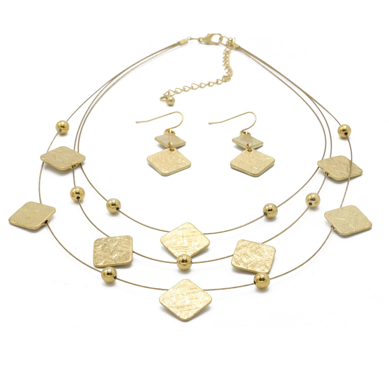 GOLD SQUARE EARRINGS AND LAYERED NECKLACE
