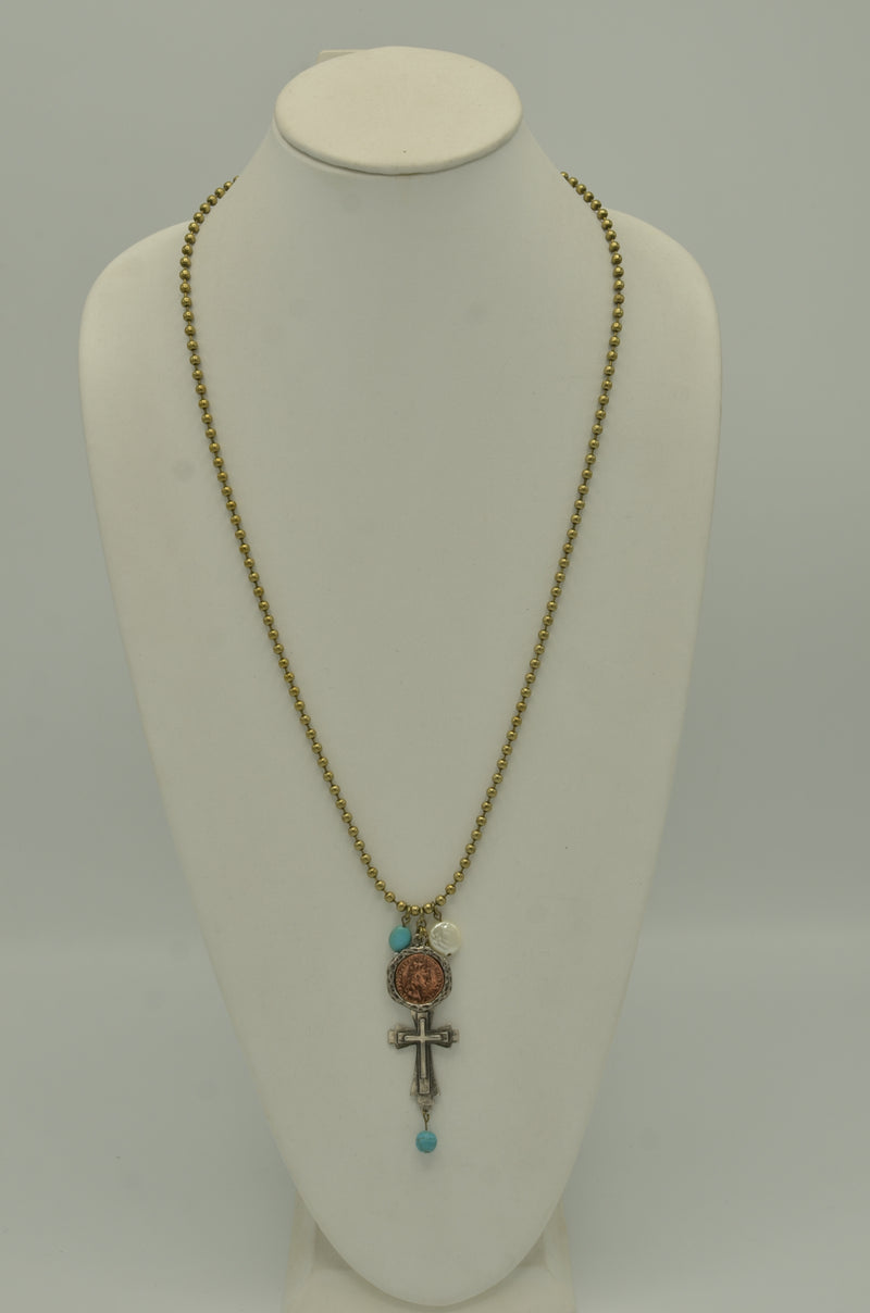 GOLD OXIDE TURQUOISE CROSS AND CHARM PENDANT NECKLACE