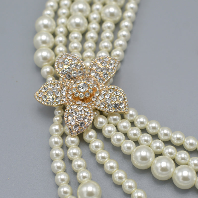 Gold Cream Pearl Crystal Flower Necklace