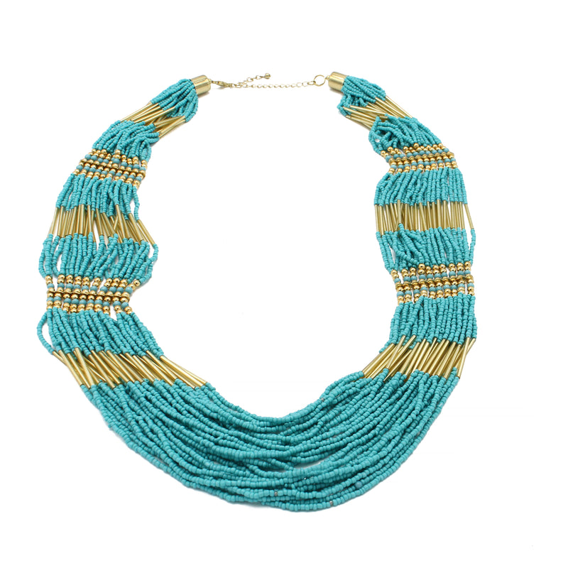 GOLD TURQUOISE SEED BEAD STATEMENT NECKLACE