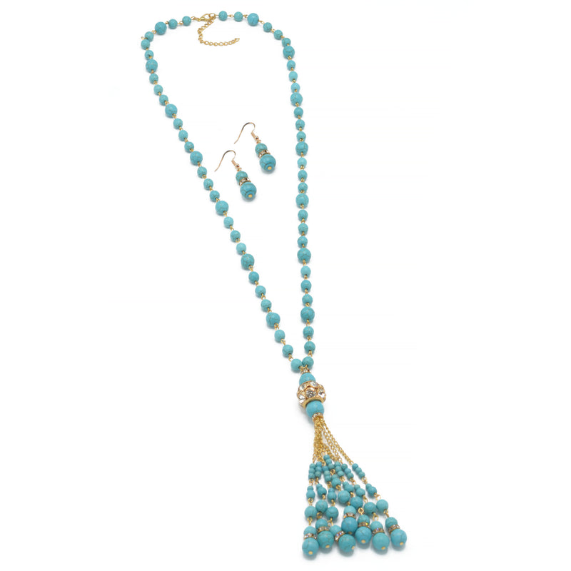 TURQUOISE AND CRYSTAL TASSEL NECKLACE AND EARRINGS SET