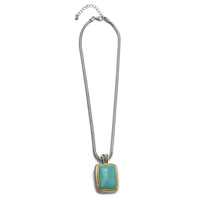 TWO TONE TURQUOISE ENGRAVED PENDANT NECKLACE
