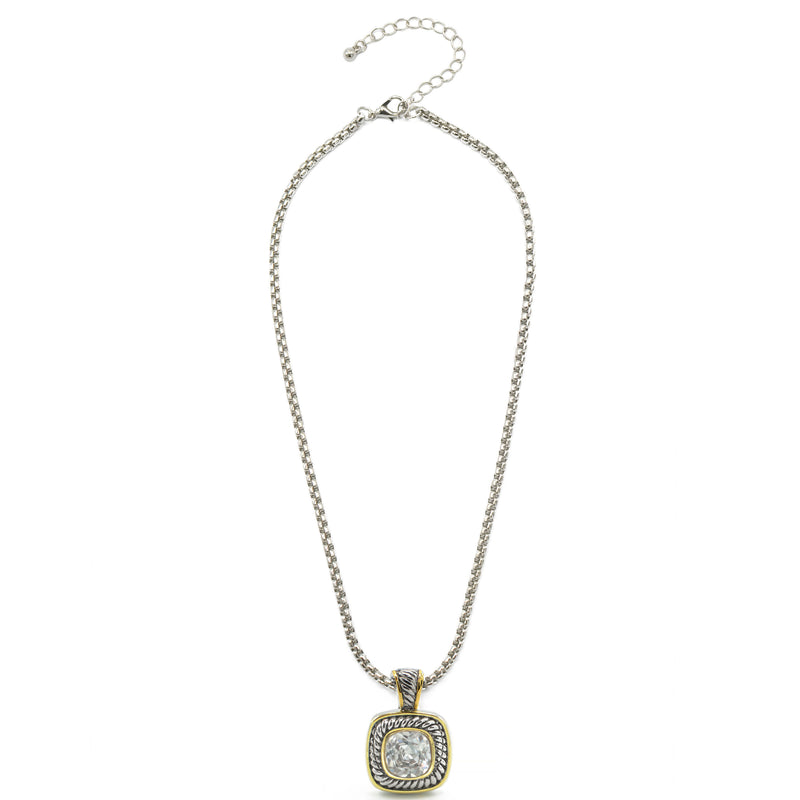TWO-TONE CLEAR CRYSTAL SQUARE PENDANT BOX CHAIN NECKLACE