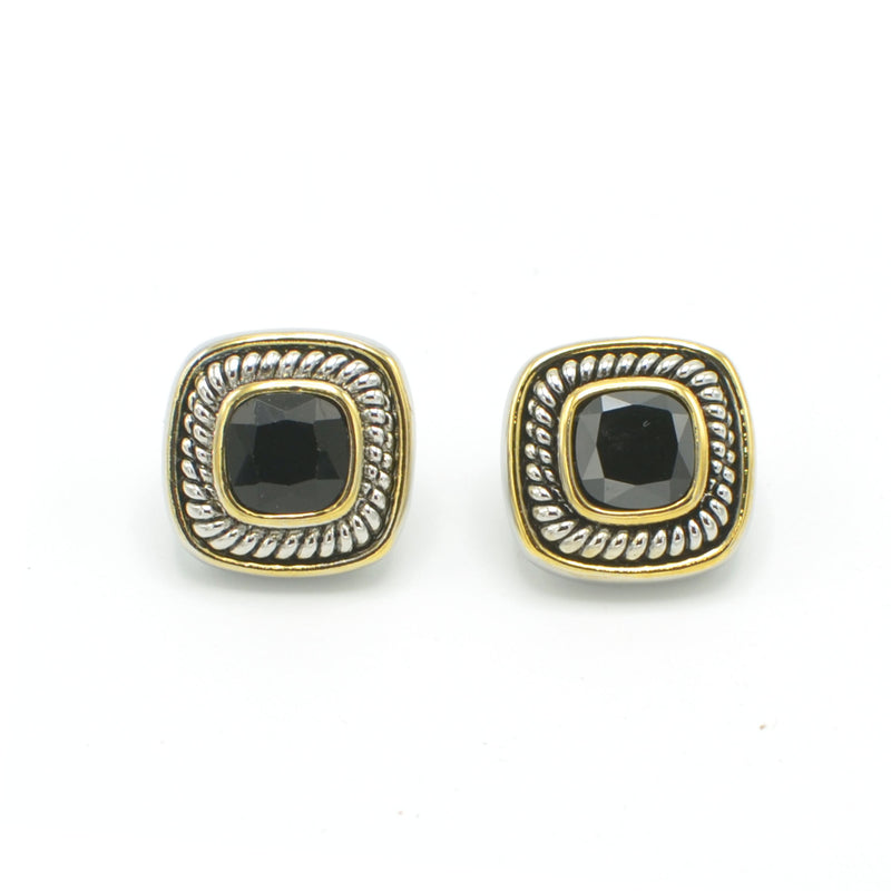 TWO TONE JET CRYSTAL SQUARE EARRINGS SET