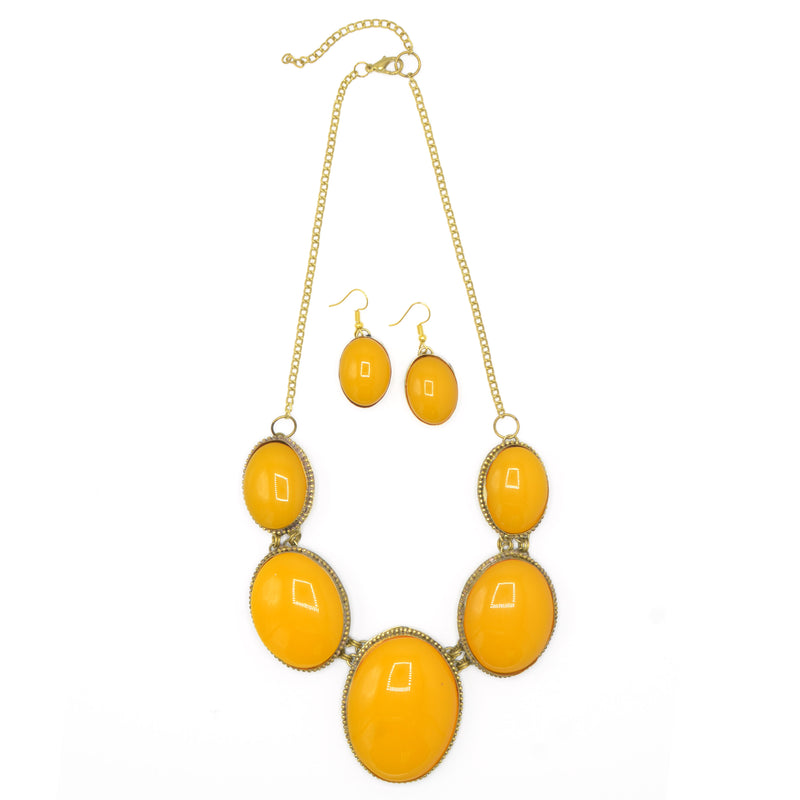 Orange Oval resin Stone Gold Disc Necklace and Earrings Set