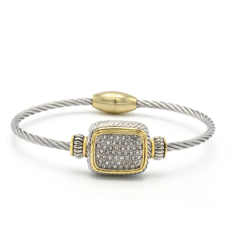 TWO TONE PAVE CRYSTAL ENGRAVED CLASSIC CABLE BRACELET