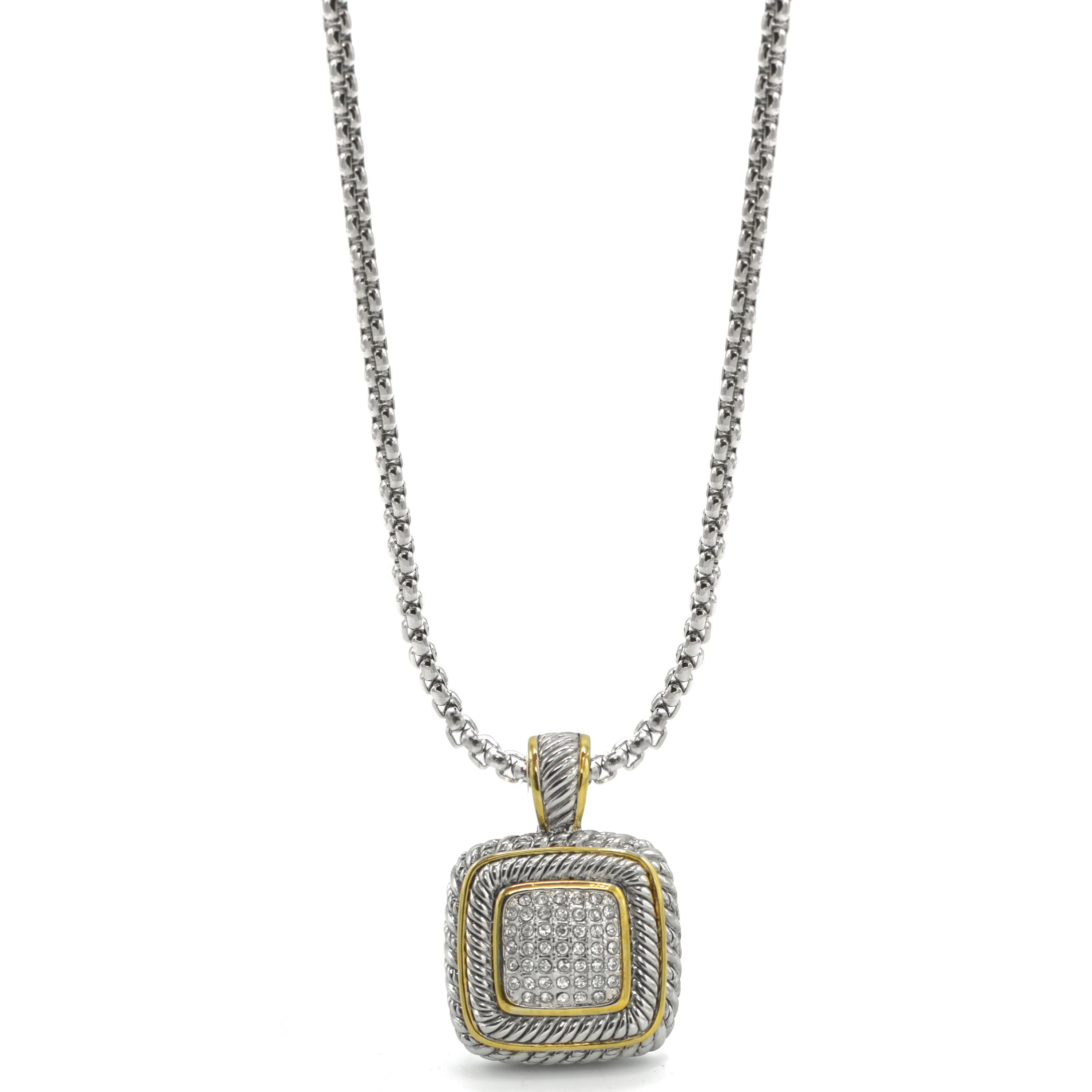 【2plan】23FW★ [MADE] 039 Twisted square necklace TWO TONE PAVE SQUARE CRYSTAL ENGRAVED PENDANT WITH BOX CHAIN