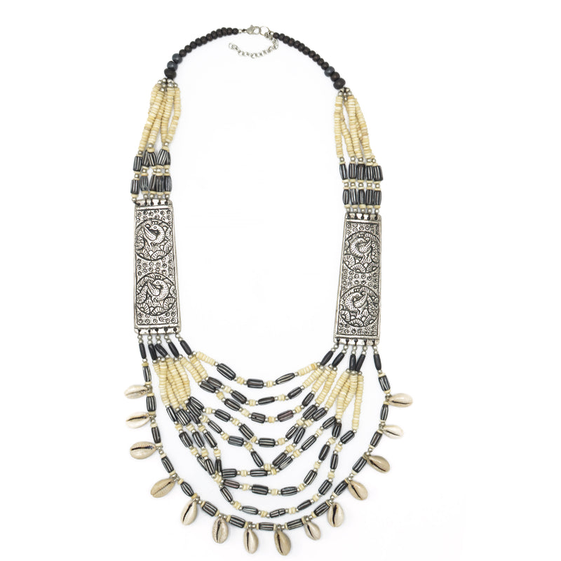 CREAM AND BROWN BEADS COWRIE SHELL SILVER STATEMENT NECKLACE