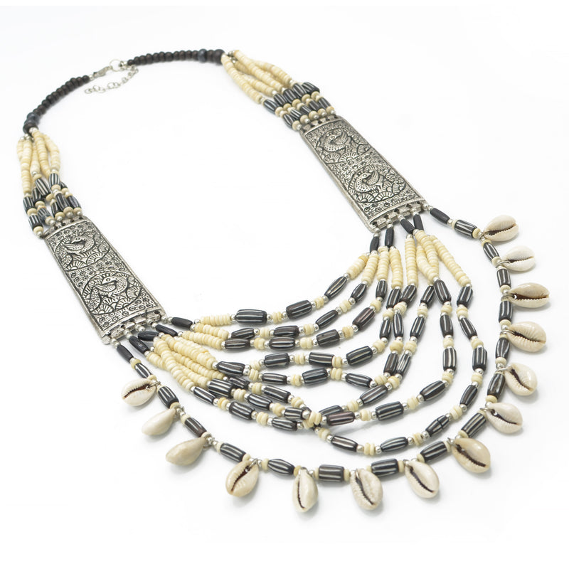 CREAM AND BROWN BEADS COWRIE SHELL SILVER STATEMENT NECKLACE