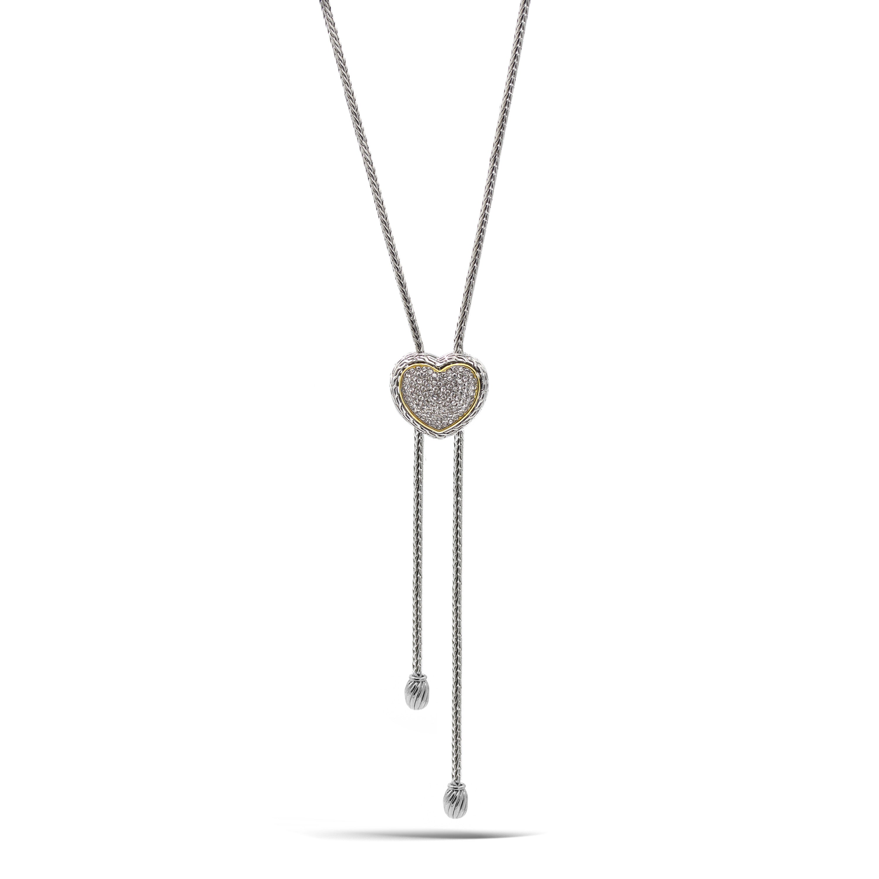 TWO TONE PAVE CRYSTAL ENGRAVED HEART PENDANT LONG TASSEL