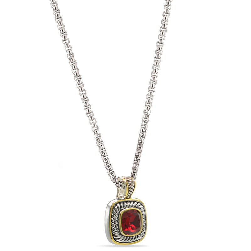 TWO TONE RED SIAM CRYSTAL SQUARE PENDANT BOX CHAIN NECKLACE