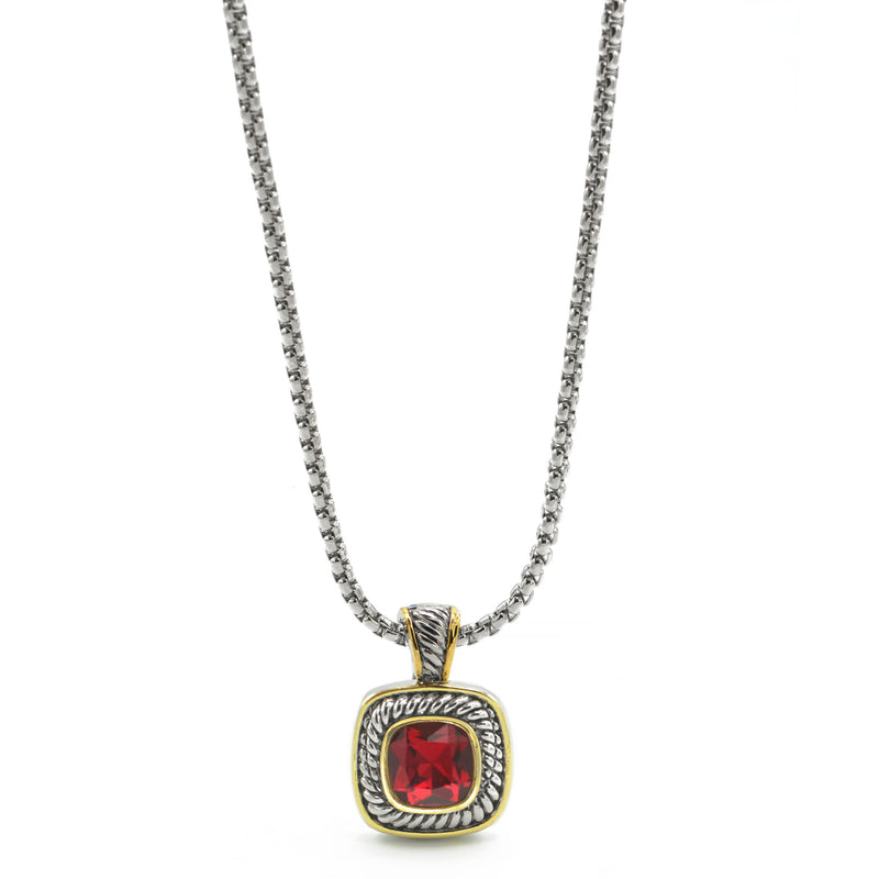 TWO TONE RED SIAM CRYSTAL SQUARE PENDANT BOX CHAIN NECKLACE