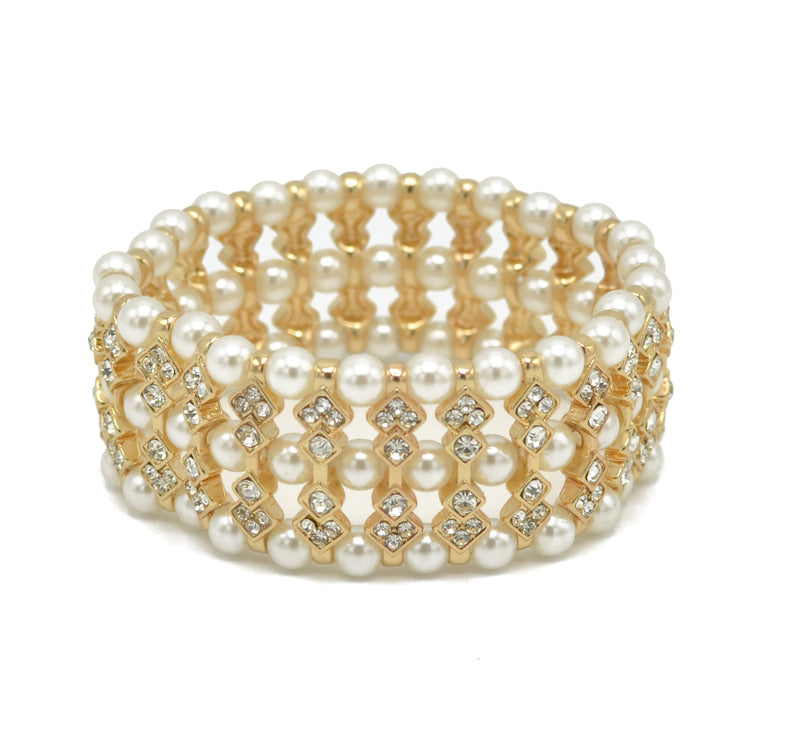 GOLD CREAM PEARL AND CRYSTAL MEMORY WIRE STRETCH BRACELET