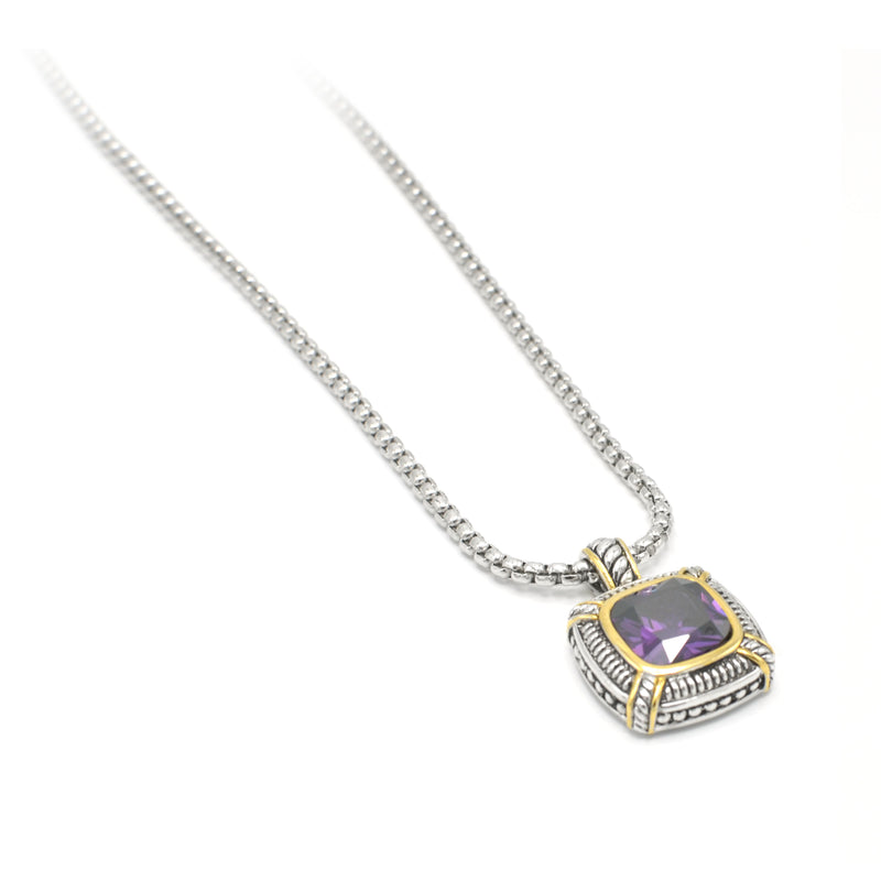 TWO TONE AMETHYST CRYSTAL SQUARE PENDANT BOX CHAIN NECKLACE