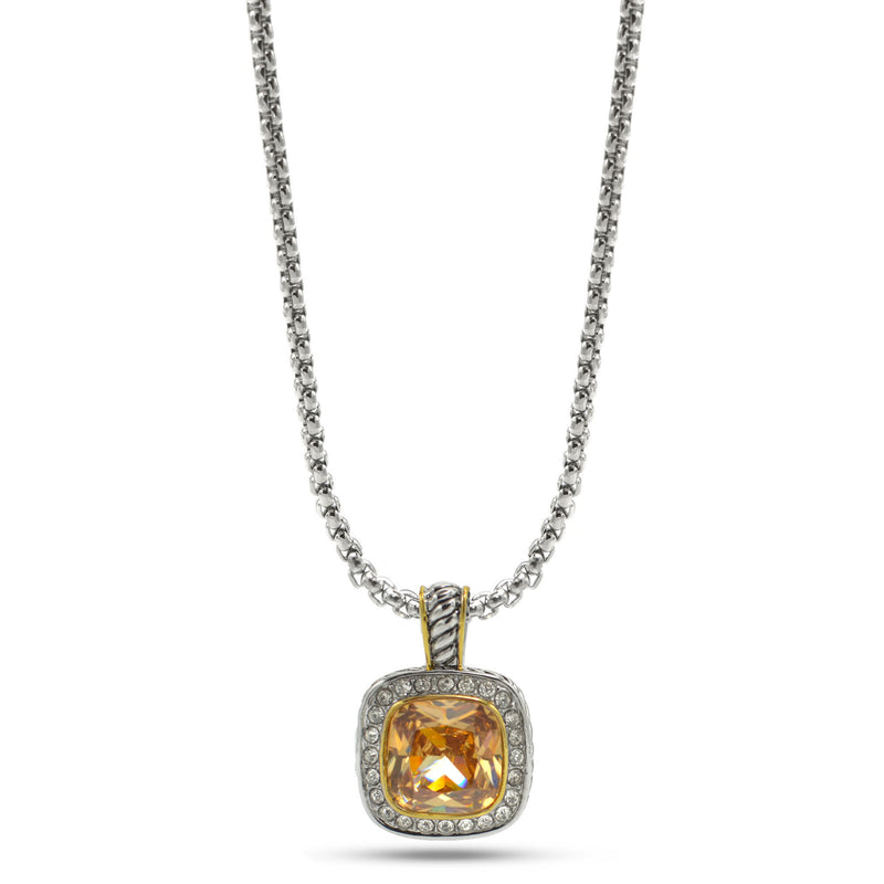 TWO TONE SQUARE CHAMPAGNE CRYSTAL AND RHINESTONES ENGRAVED PENDANT BOX CHAIN NECKLACE