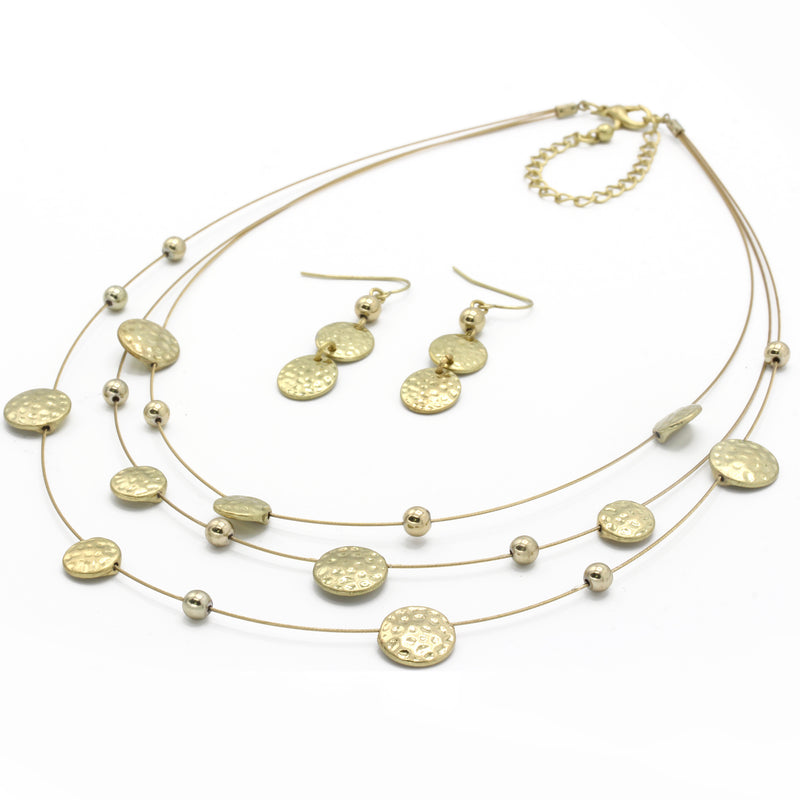 Three rows gold Wire Necklace and earring set. Item