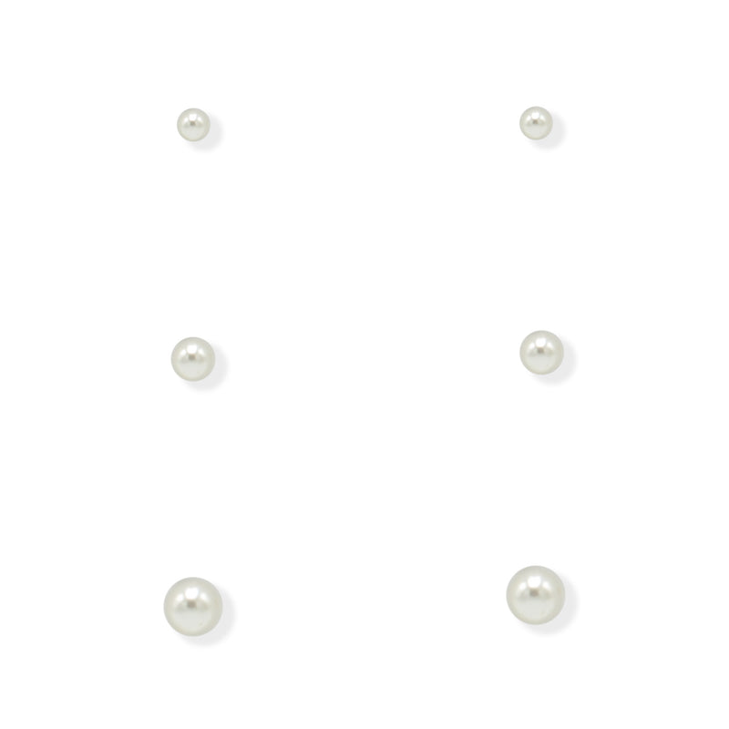 3 PAIRS 8 MM,6MM AND 4MM WHITE PEARL SILVER EARRINGS SET