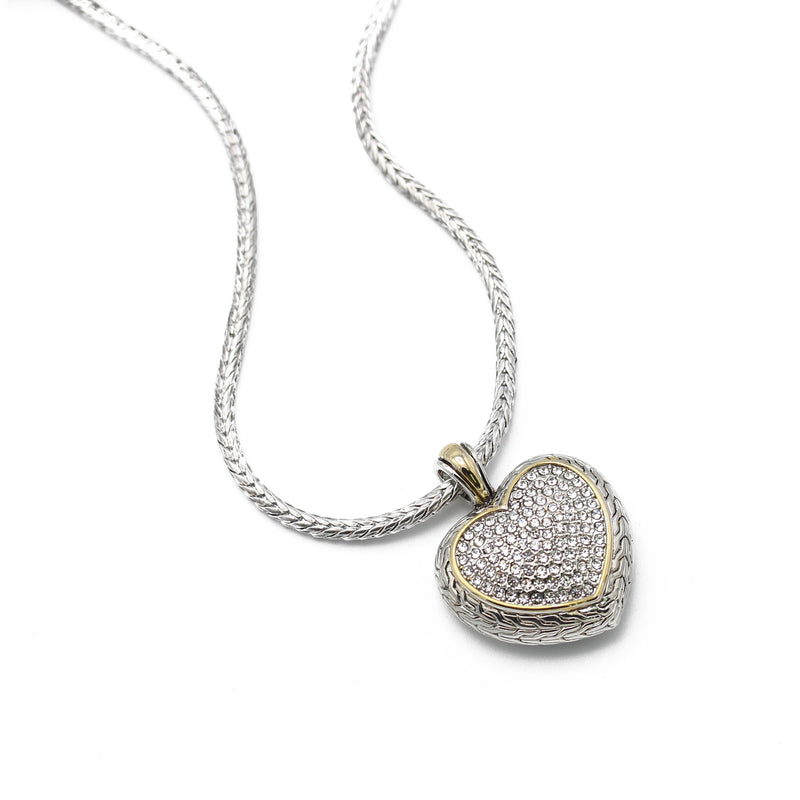 TWO TONE PAVE CRYSTAL ENGRAVED HEART PENDANT NECKLACE