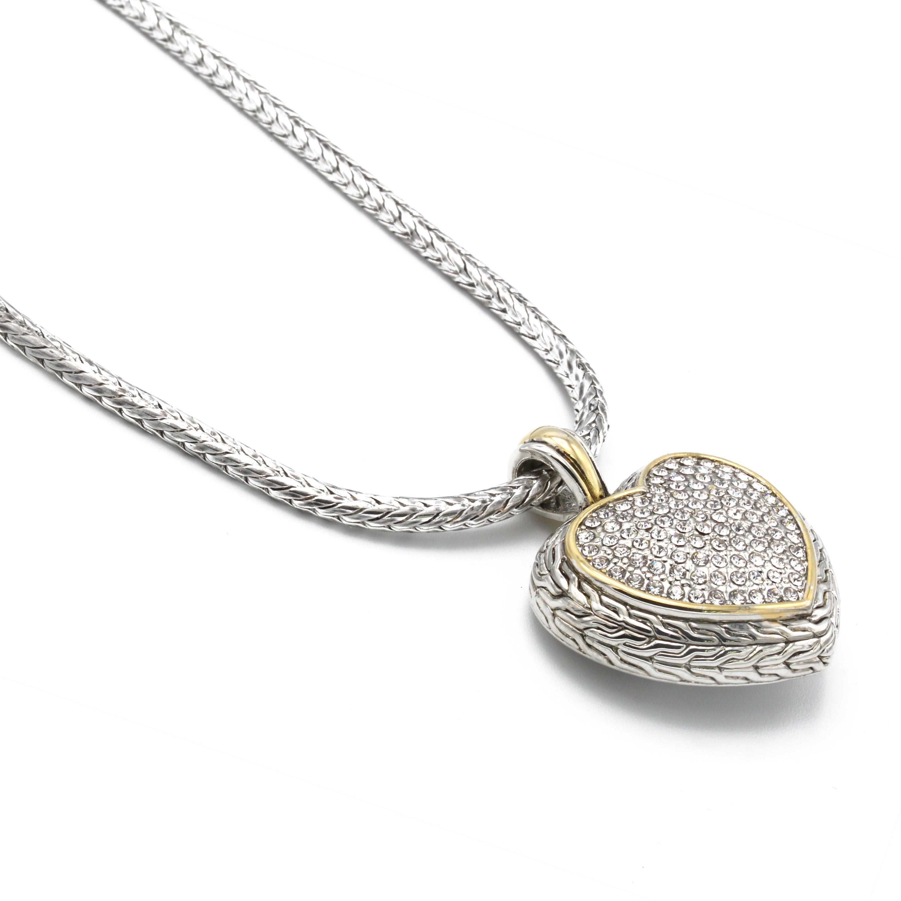 Bling Clear Rhinestone Heart Two-Tone Cable Necklace