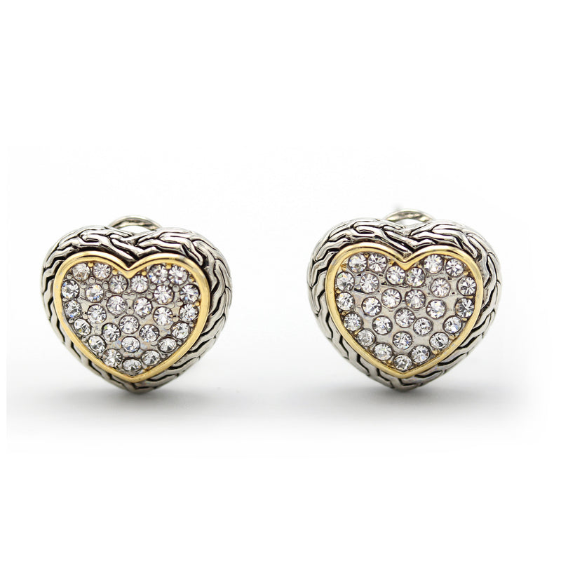 TWO TONE PAVE CRYSTAL ENGRAVED HEART EARRING