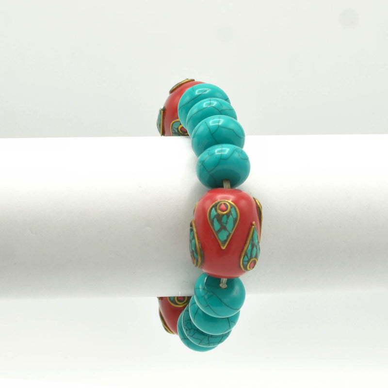 TURQUOISE AND CORAL BEADS MEMORY WITE STRETCH BRACELET