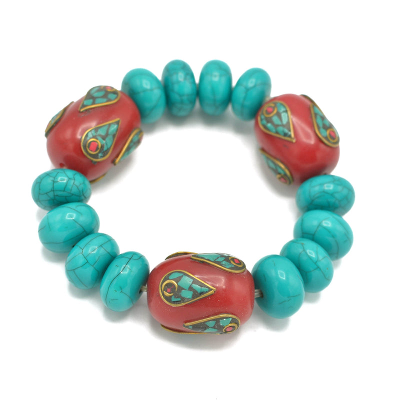 TURQUOISE AND CORAL BEADS MEMORY WITE STRETCH BRACELET