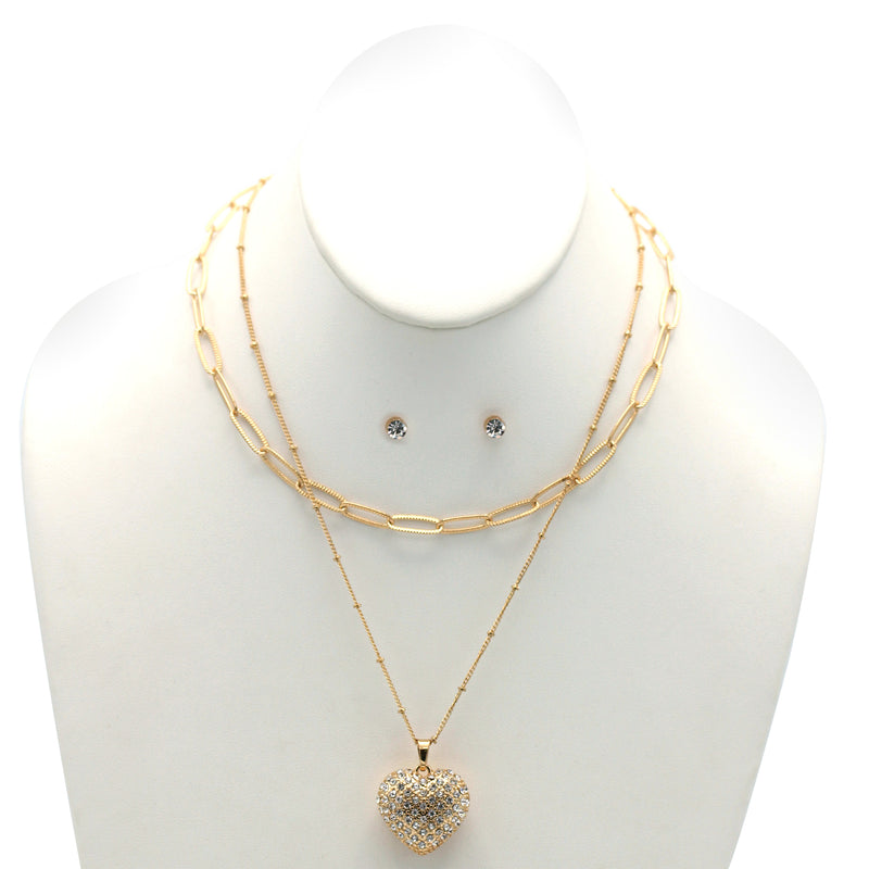 Gold Heart Crystal Pendant Necklace And Earrings Set# # HNN+E90640GC Gold Crystal(SE6)SF6)