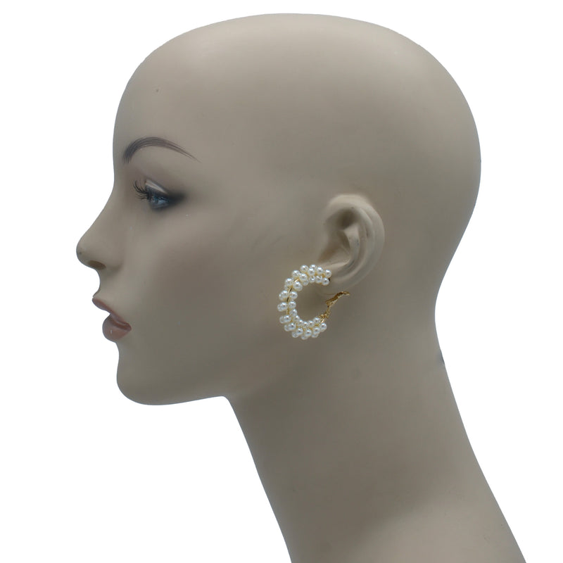 Gold Cream Pearl Wrapped Hoop Earrings