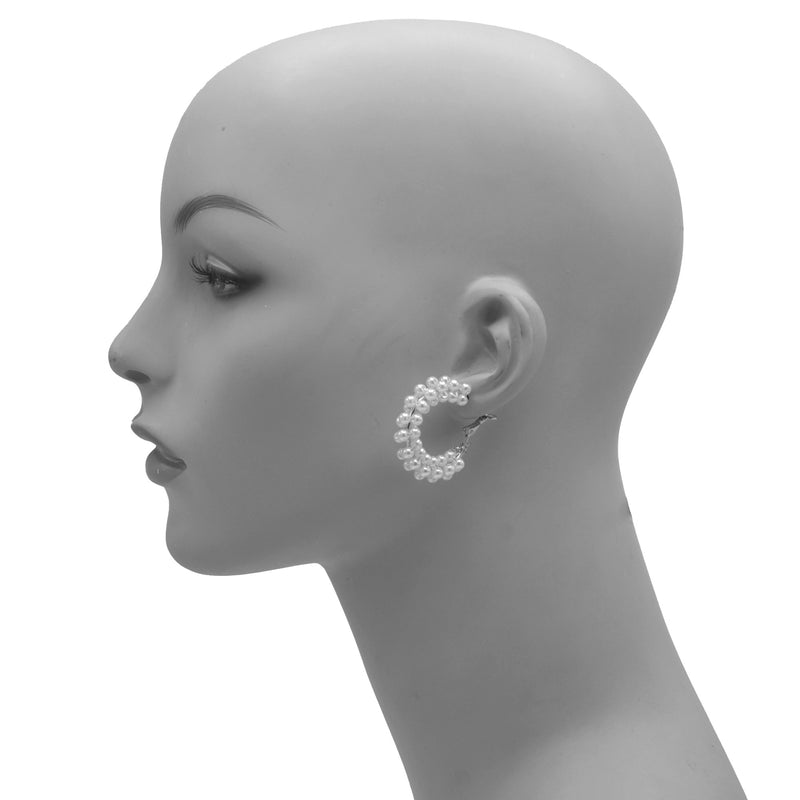 Rhodium white Pearl Wrapped Hoop Earrings