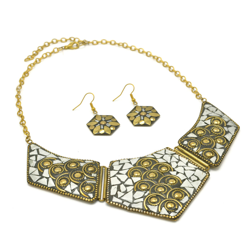 GOLD AND WHITE BIB NECKLACE AND EARRINGS SET
