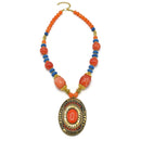 Orange & Purple Beads with Oval Gold Pendant and Orange Stone Necklace