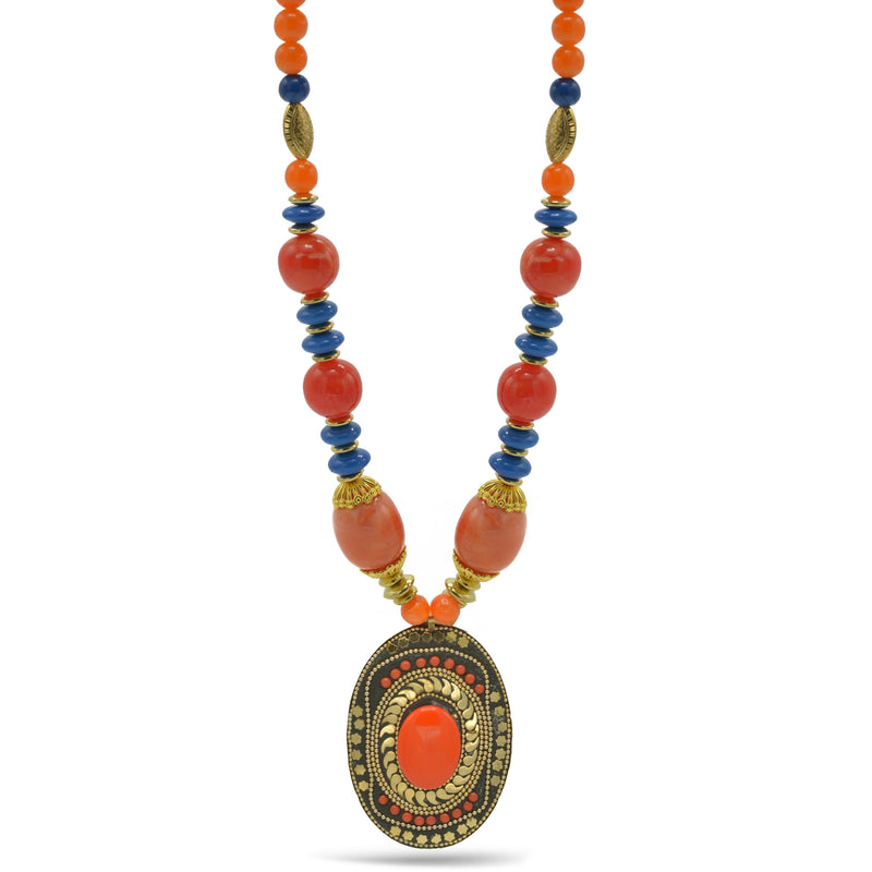 ORANGE & BLUE BEADS WITH ROUND GOLD PENDANT NECKLACE