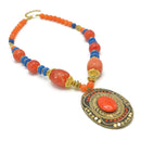 Orange & Purple Beads with Oval Gold Pendant and Orange Stone Necklace