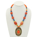 Orange & Purple Beads with Oval Gold Pendant and Orange Stone Necklace