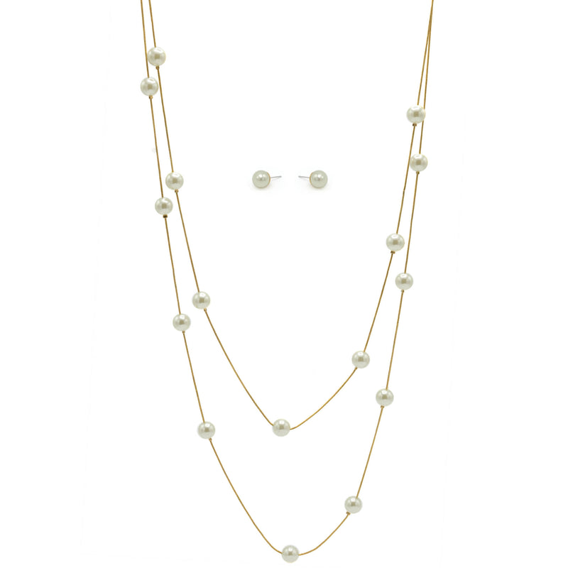 GOLD AND CREAM PEARL TWO ROW LAYER NECKLACE AND EARRINGS SET
