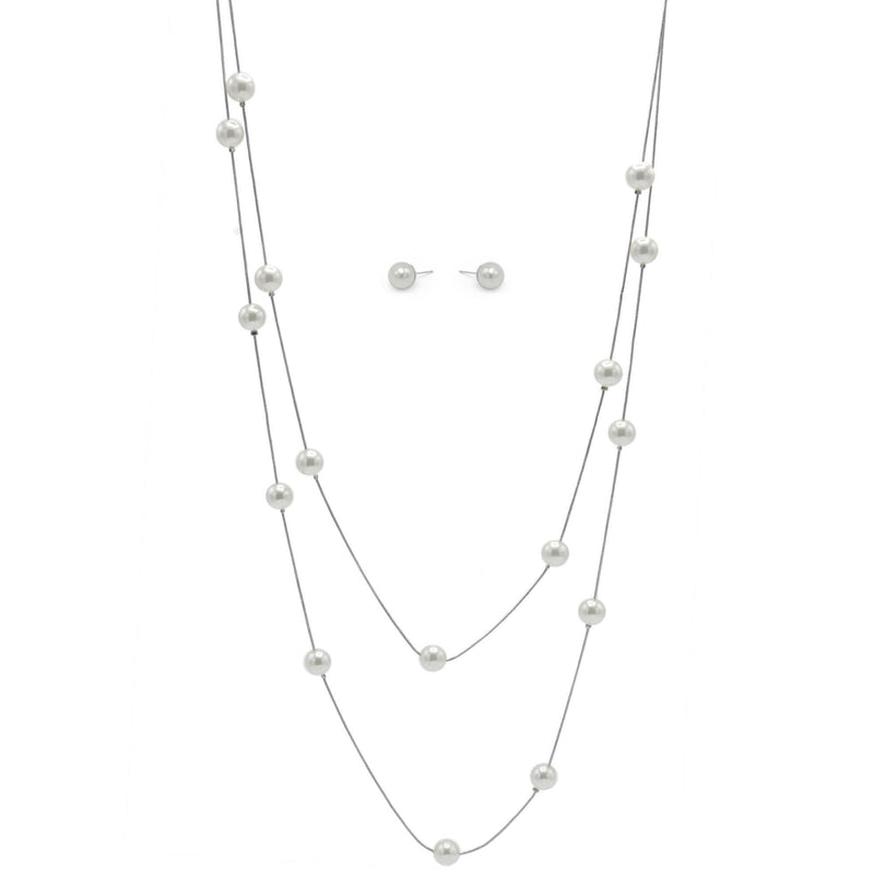 SILVER AND CREAM PEARL TWO ROW LAYER NECKLACE AND EARRINGS SET
