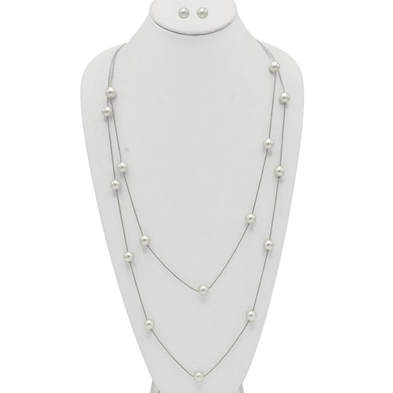 SILVER AND CREAM PEARL TWO ROW LAYER NECKLACE AND EARRINGS SET