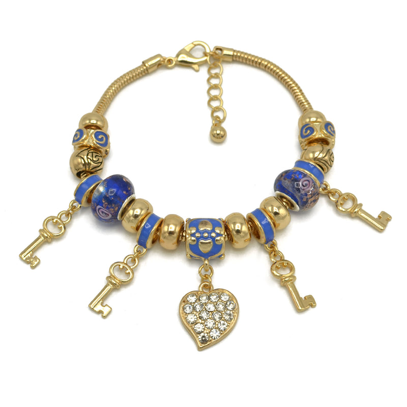 GOLD BLUE RESIN BEADS HEART AND KEY CRYSTAL CHARM BRACELET
