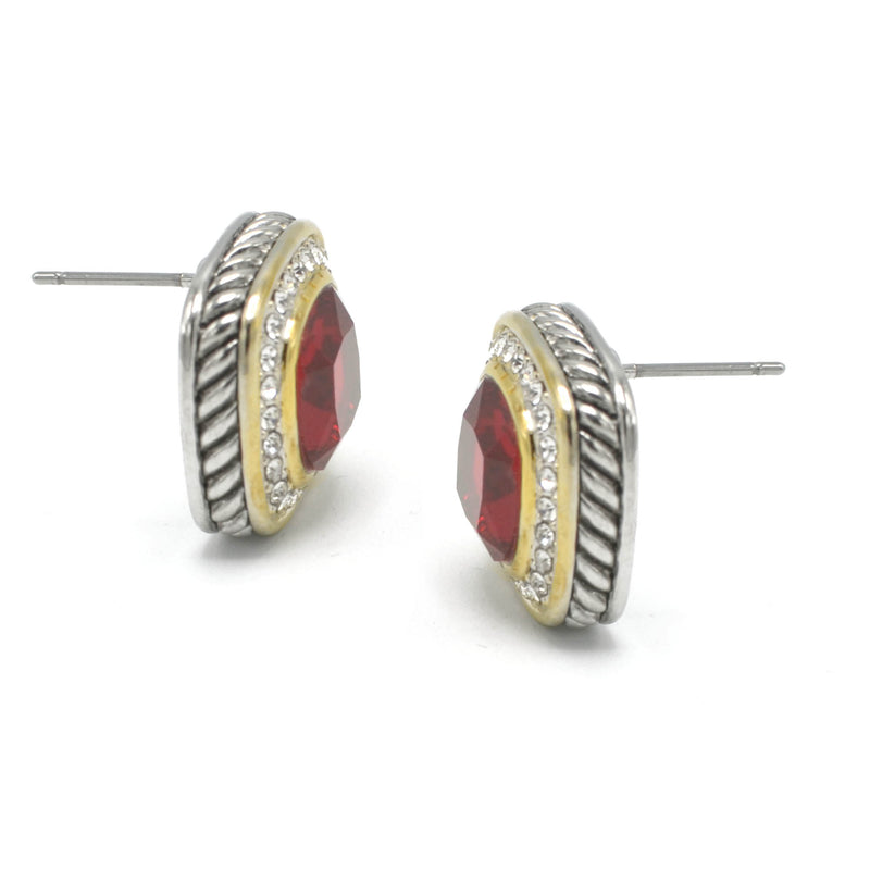 TWO TONE SQUARE RED CRYSTAL AND RHINESTONES ENGRAVED EARRINGS