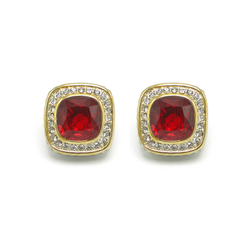 TWO TONE SQUARE RED CRYSTAL AND RHINESTONES ENGRAVED EARRINGS