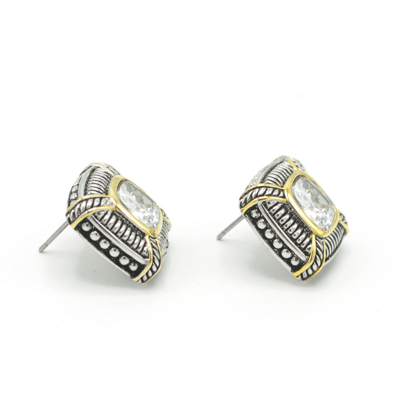 TWO TONE CLEAR CRYSTAL SQUARE EARRINGS SET