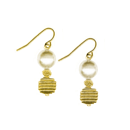GOLD-CREAM PEARL AND STEEL DOUBLE DROP EARRINGS